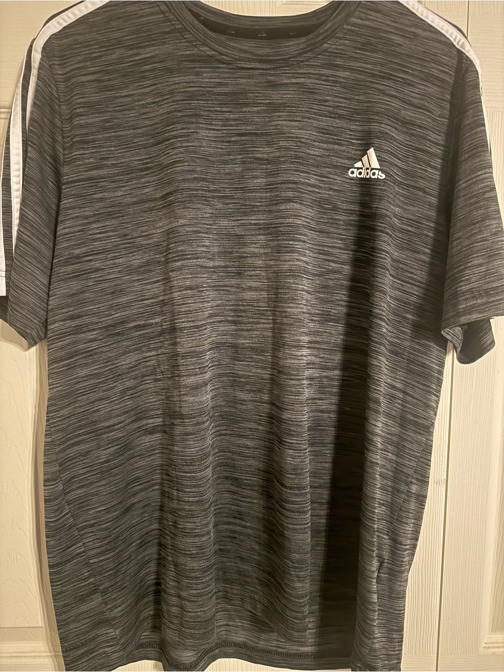 adidas Men's Black Heather Short Sleeve Athletic Tee with White Stripes